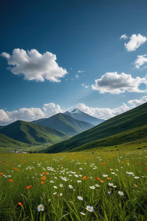 Mountain landscape with grass and flowers under blue sky. Caucasus, Russiaの素材