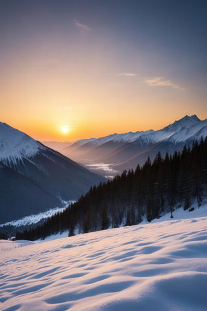 Beautiful winter sunrise in the mountains. Colorful winter landscape.の素材