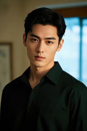Portrait of a handsome young asian man in a black shirtの素材