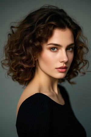 Portrait of a beautiful young woman with curly hair. Beauty, fashion.の素材