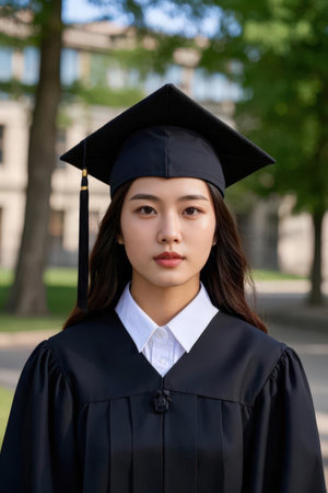 Portrait of a young asian woman wearing graduation gown and capの素材