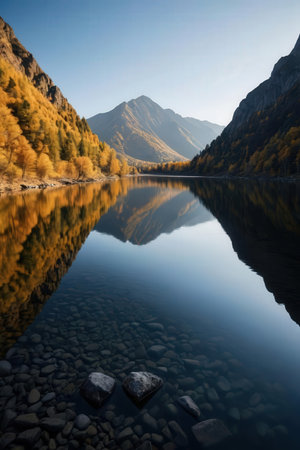 Autumn alpine landscape with mountain lake and reflection in water.の素材