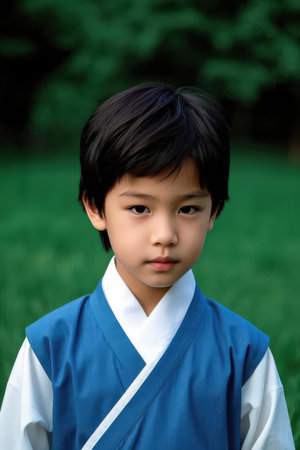 Portrait of a cute asian boy in kimono outdoorsの素材