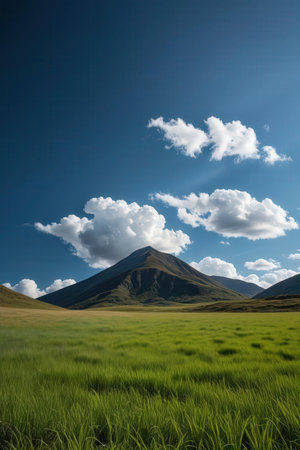 Beautiful landscape of grassland and mountain with blue sky background.の素材