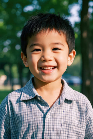Portrait of a young asian boy smiling in the park.の素材