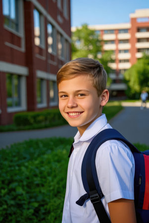Portrait of a smiling schoolboy on the background of the school buildingの素材