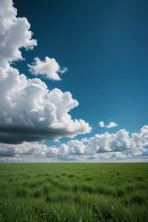 field of green grass and blue sky with white clouds, nature seriesの素材
