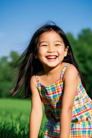happy asian little girl on green grass in the park with blue skyの素材