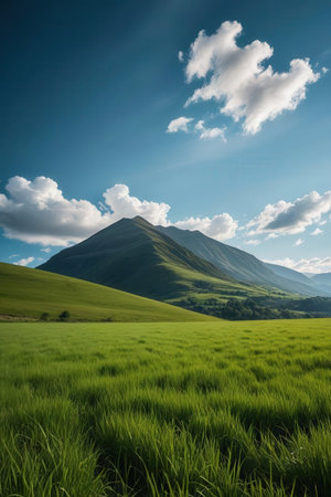 Beautiful spring landscape of green meadow and mountains under blue skyの素材