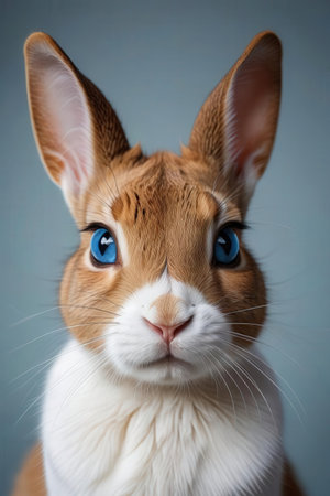 Portrait of a cute red and white rabbit with blue eyes.の素材