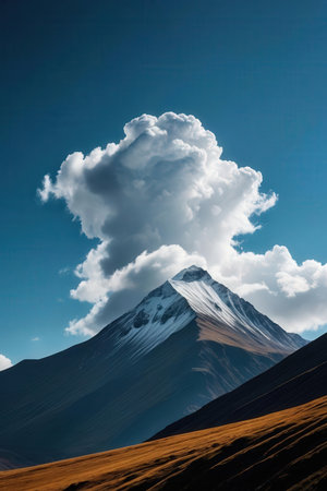 Mountain landscape with snow-capped peaks and blue sky with cloudsの素材