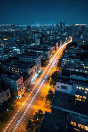 Aerial view of the city at night in Shanghai, China.の素材