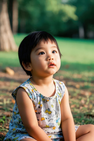 Portrait of cute little asian girl sitting on grass in the parkの素材