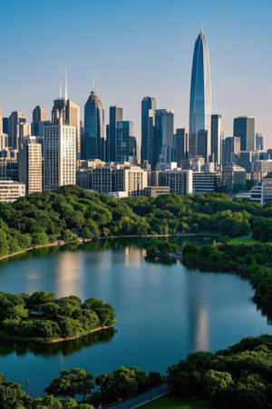 Chicago skyline with lake and skyscrapers, Illinois, USA.の素材