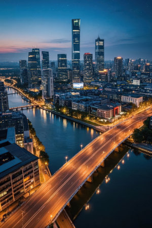 Aerial view of Shanghai skyline at night, China. Image contain certain grain or noise and soft focus.の素材