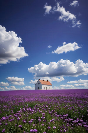 Lavender field with white church and blue sky with white cloudsの素材