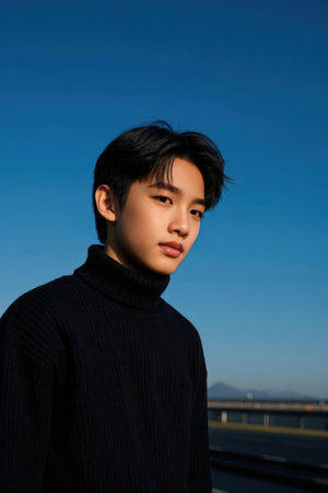 Portrait of a handsome young asian man in black sweater.の素材