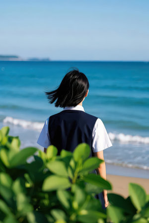 Japanese schoolgirl standing on the beach and looking at the sea.の素材