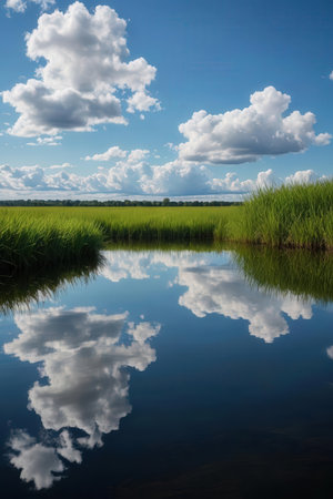 Reflection of sky and clouds in the water of a paddy fieldの素材