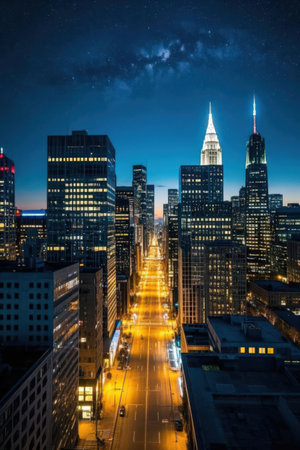New York City skyline at night with skyscrapers and street lights.の素材
