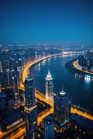 Aerial view of Shanghai Bund at night, China. Shanghai Bund is one of the most densely populated areas in the world.の素材