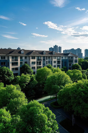 High angle view of a building in the middle of the city.の素材