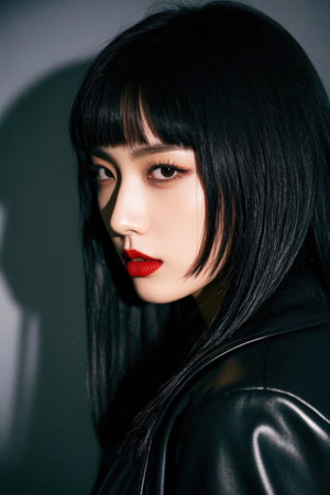 Portrait of a beautiful young woman in a black leather jacket.の素材