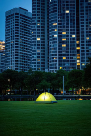 Tent on the grass in front of modern skyscrapers.の素材