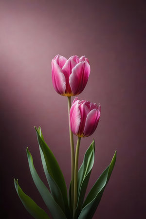 Pink tulips on a dark pink background with space for your textの素材