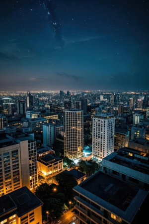 Bangkok cityscape at night with starry sky, Thailand.の素材