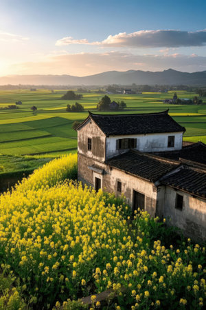 Rape field and old house in Luoyang, China.の素材