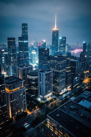 Shanghai city skyline at night with urban skyscrapers, China.の素材