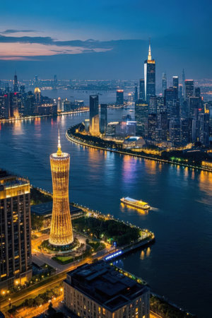 Aerial view of Shanghai skyline with Huangpu river at night, China.の素材