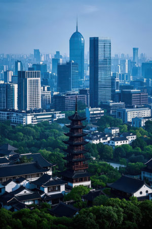 Aerial view of Nanjing, Jiangsu Province, China.の素材