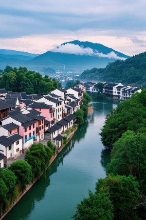 Houses on the bank of the Wuyuan River in Chinaの素材