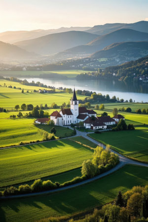 Aerial view of the church of St. Nicholas in Bled, Sloveniaの素材