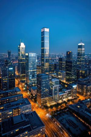 Frankfurt am Main skyline at night with skyscrapers in Germanyの素材