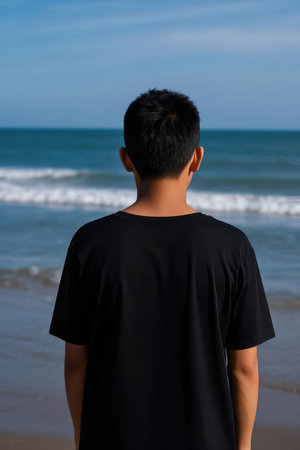 Young man standing on the beach and looking at the sea. Back viewの素材