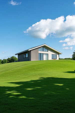 Modern house on green grass with blue sky and white clouds background.の素材