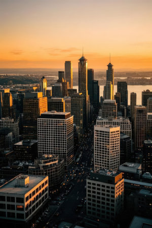 Aerial view of Frankfurt am Main skyline at sunset, Germany.の素材