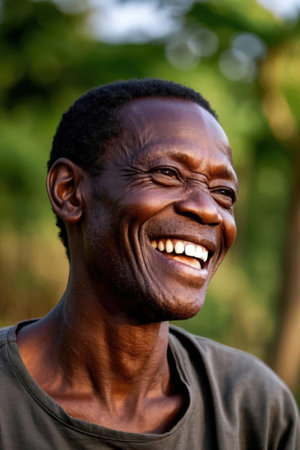 Portrait of a happy african man smiling in the countryside.の素材