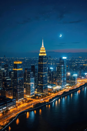 Aerial view of Shanghai skyline at night. Shanghai is the capital and largest city of China.の素材