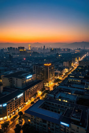 Aerial view of the city of Shenzhen at sunset, Chinaの素材