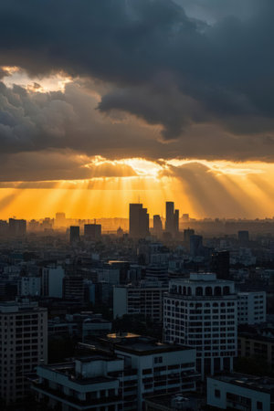 Cityscape of Bangkok with dramatic sky and sunbeams, Thailandの素材