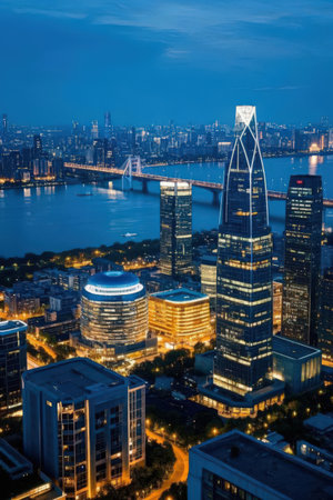 Aerial view of Shanghai skyline at night. Shanghai is the capital and largest city of China.の素材