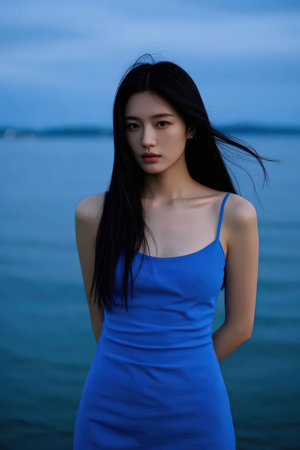 Portrait of a beautiful asian woman in blue dress on the beachの素材