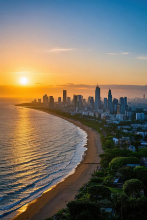Aerial view of Waikiki beach at sunset, Honolulu, Oahu, Hawaiiの素材