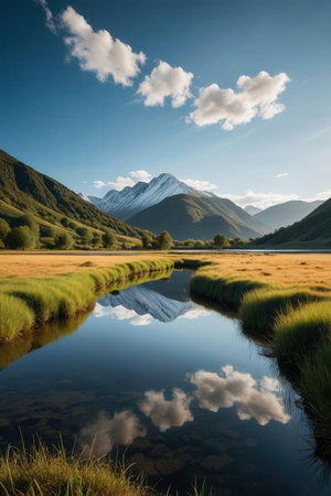 Natural landscape of New Zealand alps and lake with reflection in waterの素材