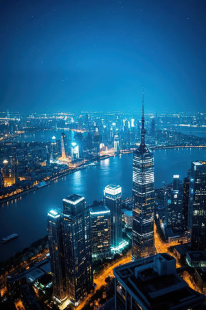 Shanghai skyline at night, China. Shanghai is the capital of China.の素材