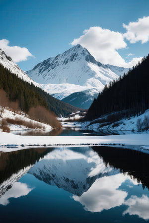 Beautiful winter landscape with snow-capped mountains reflected in lakeの素材